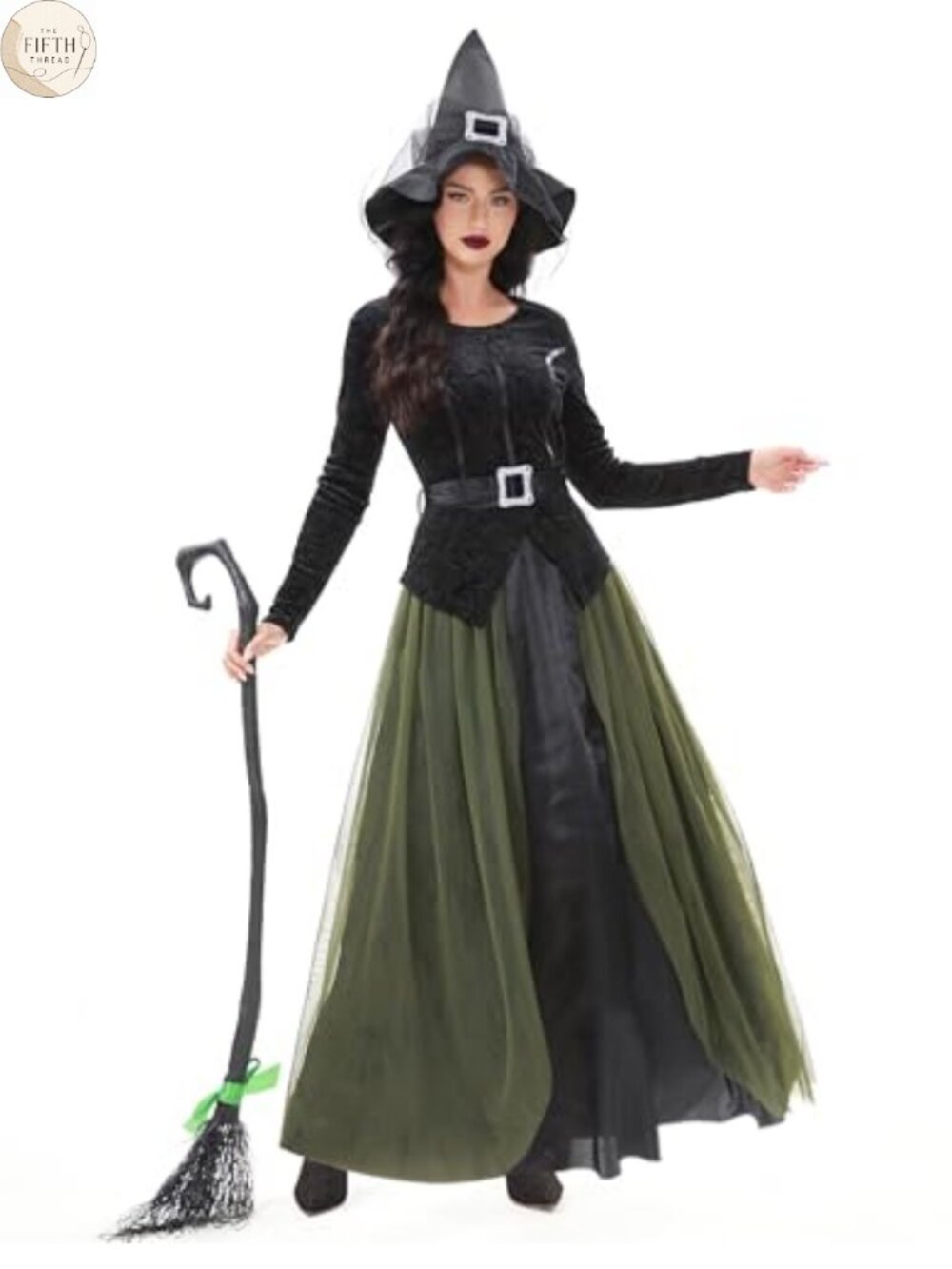 Witch Costume Set Dress Hat Belt Velvet Over-Skirt Halloween Cosplay